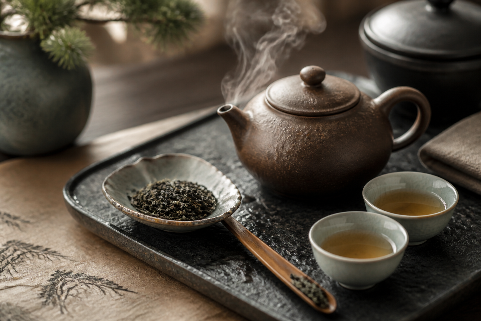 茶壶、茶杯与茶叶的细节